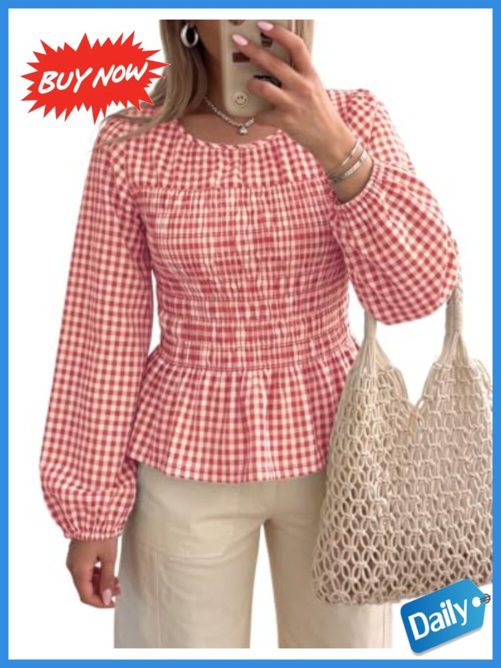 Women Gingham Smocked Peplum Top Long Sleeve Crewneck Cotton Blouse